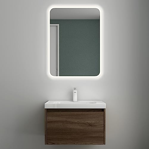 Mai & Mai Badmöbelset Badezimmermöbel Eiche Stirling Waschbeckenunterschrank 60 cm mit Waschschbecken aus Mineralguss und LED-Badspiegel Salerno