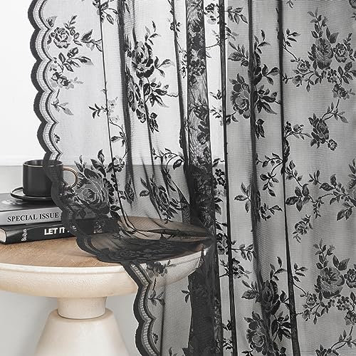 SEEKRIGHT Tende in pizzo nero – Lunghezza 114 cm tende trasparenti floreali per cucina, bar, piccole finestre, decorazione vittoriana gotica shabby chic, 2 pannelli, 132 x 114 cm