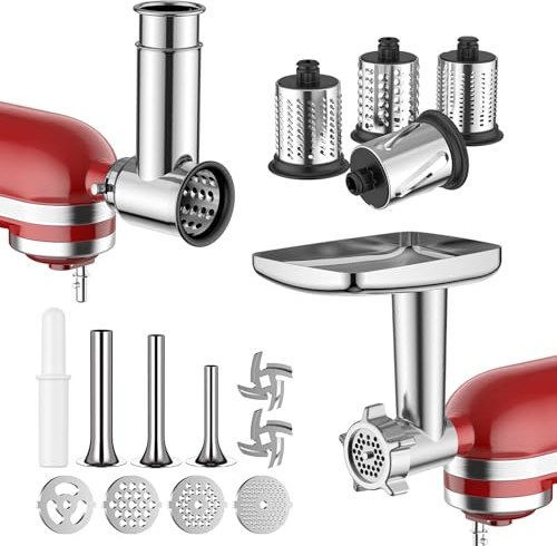 Meat Grinder & Stainless Steel Slicer Shredder Attachment for KitchenAid Stand Mixer, Meat Grinder Attachment with Sausage Stuffing Set and Cheese Grater, For Kitchenaid Mixer Attachments