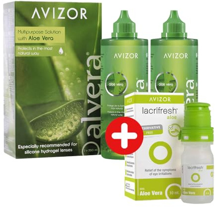 ALVERA Pack 2 botes de 350 ml + LACRIFRESH Aloe bote de 10 ml | Solución para limpieza y desinfección de lentillas + Gotas oculares para alivio de los síntomas de irritación ocular