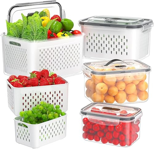 4er Pack Kühlschrank Organizer – Gemüse Aufbewahrung & Organisation, stapelbar mit Sieb, Deckel und Griff für die Küche – Fridge Organizer für die Kühlschrank Aufbewahrung (NICHT spülmaschinenfest)