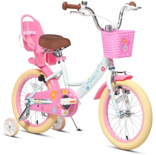 Glerc Maggie 16-Tums Barncykel För 4-5-6-7 År. Småflickors Bäbiscykel Med Docksäte, Korg Och Stödhjul. Presentidé I Vitt