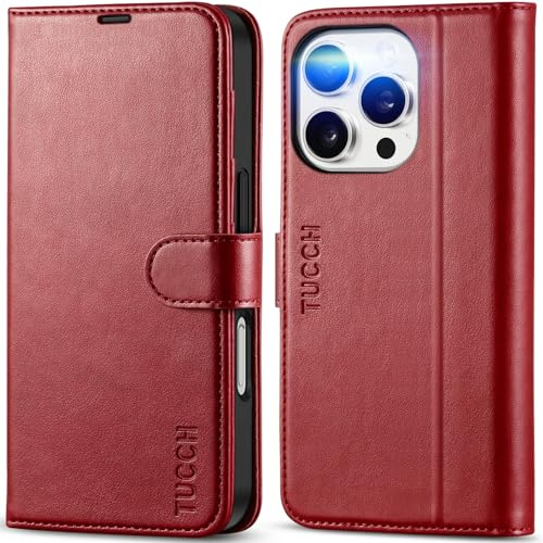 TUCCH Wallet Case with 4 Card Holders for iPhone 16 Pro (6.3), Dark Red | RFID Blocking, Kickstand, Shockproof TPU, Premium PU Leather, Magnetic Closure, Folio Flip Folding Cover