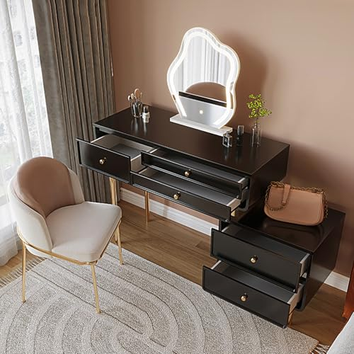 Schwarzer Schminktisch mit Spiegel und Beleuchtung, Kleiner schminktische mit 5 geräumigen Schubladen, Moderner Schminktisch mit verstellbarem Schrank for Schlafzimmer, Schminkzimmer, Schreibtisch(80c