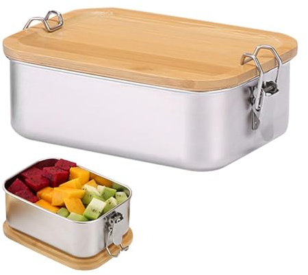 SLAXJNE Edelstahl-Lunchbox, Tragbar, Multifunktional, Leicht zu Reinigen, Schul- & Büromittagessen, 16,5 x 12,1 x 6 cm, 1 Stück, Holzdeckel, Rostfrei, Umweltfreundlich