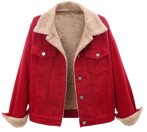 Keepink Vestes en polaire pour femme - Veste en jean boutonnée Sherpa - Parka en fourrure - Manteau en jean épais en peluche - Hauts chauds d'hiver - Cardigan court - Grande taille 36-46, 1 rouge, 42