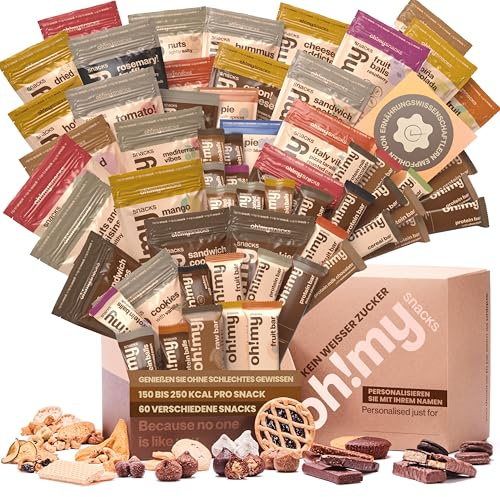 Oh!mysnacks Box Ohne Weißzucker – Geschenkkorb mit gesunden Snacks für Erwachsene | Snacks ohne Weißzucker | Proteinreiche Snacks mit hohem Ballaststoffgehalt | Gesunde Snackriegel (60 Snacks)