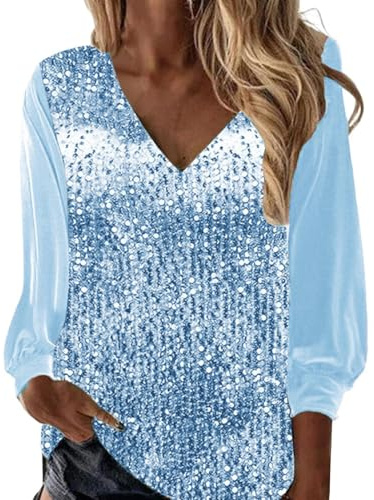 Haut À Paillettes Femme Disco Chemisier Paillettes Haut Brillante Chemises Manche Longue Blouse Chic Élégant Printemps T Shirt Glitter Soirée Disco Tunique Décontracté Retro Tops