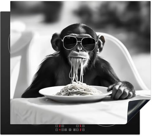 KitchenYeah© Herdabdeckplatte Einteilig Küche Ceranfeld Abdeckplatte | 57x51 cm - Cerankochfeld Abdeckung Induktionskochfeld Schutzmatte Affe - Spaghetti - Sonnenbrille - Schwarz Weiß - Tier