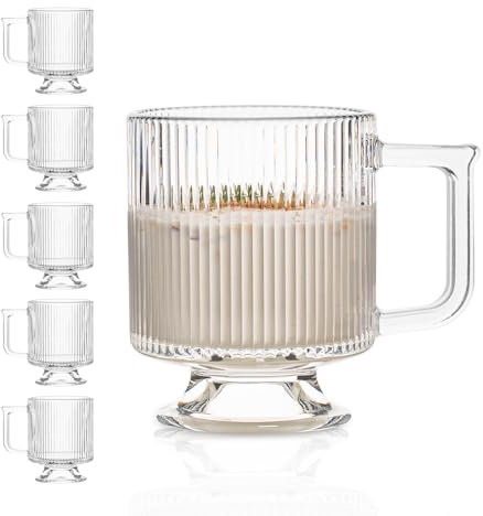 INSETLAN Glass Coffee Mug Set of 6, 295ml Coffee Mugs with Handle and Base, Ribbed Glass Coffee Mug, Clear Tea Cups, Perfect for Hot Drinks, Cappuccino,Latte,Tea,Desserts