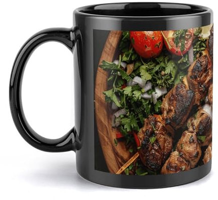 QWJKM Tasse à café Kebab sur une assiette en bois avec motif imprimé moderne, tasses à café mignonnes en porcelaine avec grandes poignées pour homme et femme, passe au lave-vaisselle et au micro-ondes