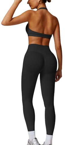 JN JANPRINT Set di abbigliamento senza cuciture per palestra da donna, 2 pezzi, Reggiseno sportivo halter senza spalline, Leggings a vita alta nascosti, Outfit da yoga, Tuta da allenamento da palestra