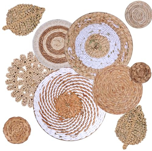 10 Stück Boho Wandkorb Dekoration,Runde Rustikale Geflochtene Dekorative,Handgemachte Wicker Wanddekoration Korb Set,Seegras Wandbehang für Schlafzimmer,Wohnzimmer,Esstisch (10)