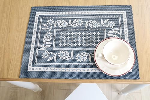 Bordstabletter tvättbara set om 6 35 x 45 cm bordstabletter tyg 100 % jacquard gobeläng, underlägg hög kvalitet återanvändbara för bröllop, födelsedag, kök, café – blå tusensköna