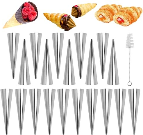 Lunza Cannoli Backform, 20 Stück Edelstahl Schillerlockenform Set | Röhrchen Hörnchen Schaumrollenformen Antihaft, Cannoli Röhrchen Edelstahl mit Reinigungsbürste für Cannoli-Röhren, Croissant