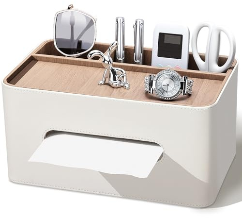 KINGFOM Taschentücher Box mit 2 Fächern, PU Leder Taschentuchbox Kosmetiktücherbox, Multifunktionale Tissue Box Tücherbox mit Ablage, Schreibtisch Organizer für Büro, Zuhause, Badezimmer (Beige)