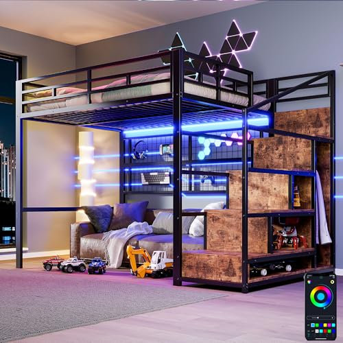 OOIILLEE Lit Mezzanine 2 Place avec 7 LED colorées et échelle de Rangement, lit Mezzanine avec Armoire, Lit Enfant 140x200 avec échelle et Balustrade, Noir (sans Matelas)
