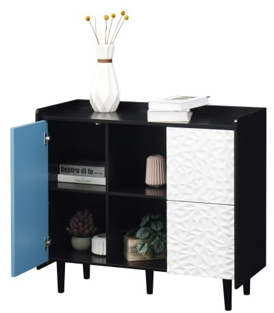 HAINEW Sideboard Kommode mit 2 Schubladen und 1 Holztür, Aufbewahrungsschrank Buffetschrank Beistellschrank Buffet Mit 2 Offenen Staufächern für Schlafzimmer, Wohnzimmer, Flur, 90x40x80cm (Blau)