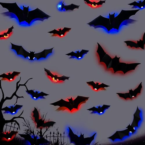 Tccydm 3D Chauve Souris LED Autocollants, 24 Pièces Chauve Souris Halloween, Lumières Chauve-Souris, Autocollants muraux 3D LED Chauve Souris pour Fenêtre, Mur, Fête Déco, Deco Halloween