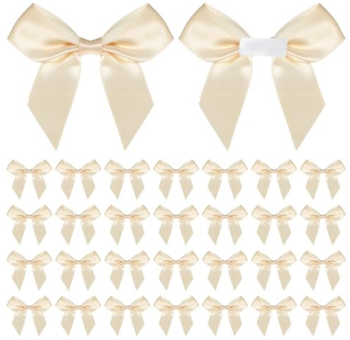 30Stück Champagner Mini-Schleifen für Bastelarbeiten Satinband-Schleifen 5 cm Selbstklebende füre Geschenkverpackung Vorgebundene Schleife mit Doppelseitigem Klebeband für Hochzeits Geschenk Bäckerei