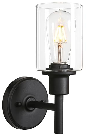Glas Wandleuchte Innen Wandlampe für Küche Bad Flur Schlafzimmer Wohnzimmer | Vintage Wandleuchte E27 Modern Innen Lampe mit Handgeblasense klarglas und schwarz Stabile senkrecht stänge Metall Halterung