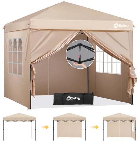 Sekey Premium Pop Up Pavillon 3x3 Wasserdicht Stabil, 3 x 3 m Pavillon mit Seitenwänden, Faltpavillon Partyzelt Faltbar für Camping Party, Höhe Verstellbar 250-270cm, (Khaki, Mit Seitenwänden)