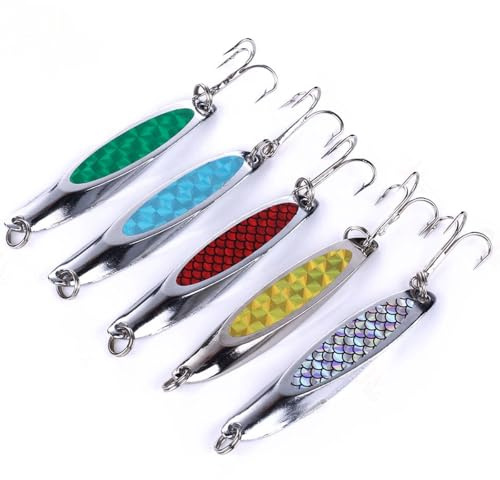 5Pcs High Reflective Metal Trout Lures Sharp Rustproof Jigs Spoon Treble Hook Streamline Shape Sea Fishing Spinners Lures for Bass Cod Mackerel