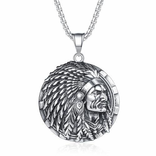 Jefe Guerrero Colgante para Hombres Jefe Indio Círculo Collar Vintage Cabeza Tribal Joyería para Hombre