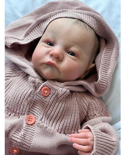 LFdolls Reborn Babypuppe 45 cm, Vinyl-Material, 18 Zoll Lebensecht Baby Puppen Hellbraun Gestricktes Outfit, Sammlerpuppe für Erwachsene Handgefertigt Babypuppe mit Zubehör für Kinder ab 3 Jahren