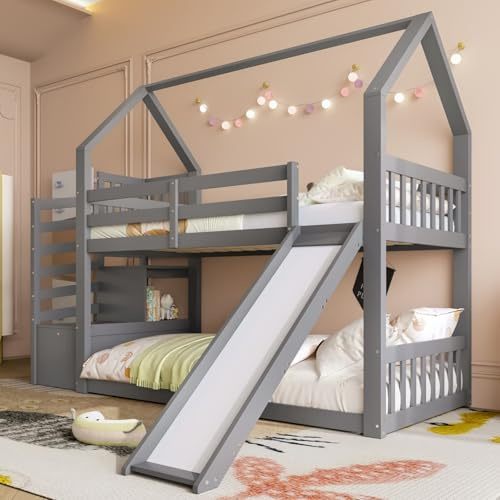 Sweiko Lit Superposé 90 x 200 cm avec Échelle de Rangement et Toboggan, Le Cadre du Lit Comprend des Barrières, Matelas Non Inclus, Convient aux Enfants et aux Adolescents (Gray)