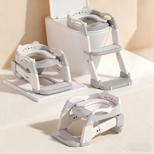 Töpfchentrainingssitz, Upgrade Kleinkind-Toilettensitz für Kinder, Jungen, Mädchen, 3-in-1 Töpfchentraining-Toilette mit Tritthocker, Leiter, rutschfest, faltbar (Grau + Weiß)