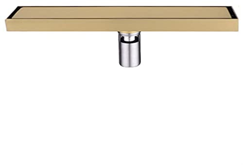 Desagüe de ducha lineal dorado cepillado con rejilla de azulejos de acero inoxidable 304 con colador de pelo, diseño rectangular para baños modernos