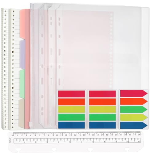 A4 Nachfüllbare Notizpapier Set, A4 Papier Karierte & liniert Nachfüllpapier 120 Blätter, 4 Stücke Farbige Trennblätter A4, 300 Stücke Haftnotizen Bunt, 4 Stücke Umschlägbeutel, 28 CM Plastiklineal