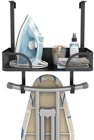 GwaOery Over Door Ironing Board Holder with Storage Basket | Wall Mount Iron for Laundry Room Adjustable Hooks Fit Thickness Door Holds Iron Spray Bottle Board