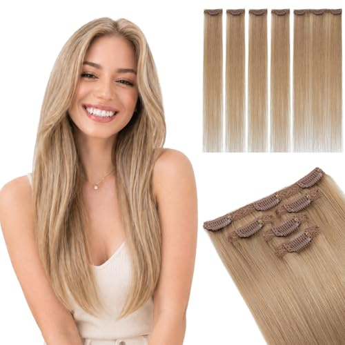 SEGOHAIR Clip in Extensions Echthaar, Glatt Clip Hair Highlights Haarverlängerung Natürlich für Frauen Damen 5-teiliges Set (1 großes Teil + 4 einzelne Clips)#27 Dunkelblond 30cm 38g