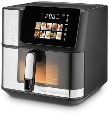 Ufesa Freidora de Aire Macaw 8.8L 2200W, Doble Resistencia, Cocción Rápida y Crujiente, Air Pulse Ultra 360º, Pantalla Táctil Digital con 10 Programas, Ventana con Luz, Incluye Bandeja Antiadherente