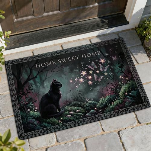 Fußmatte mit Katzen-Motiv, Gothic, Schmetterlinge, Sterne, N/A, rutschfest, für Haus, Büro, Außen, Eingang, Dekoration, 73,2 x 43,2 cm, Schwarz