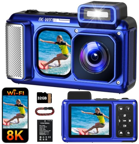 MaxMango V08 Pro 49FT Camara Acuatica，8K 90MP WiFi Pantalla Táctil Cámara Digital，2,8 Pulgadas con Doble Pantalla, Resistente, a Prueba de Polvo y a Prueba de Golpes, Ideal para Snorkel, Azul