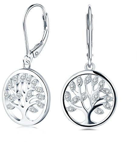JO WISDOM damer hängande örhängen livets träd silver 925 med 3A zirkon, smycken för kvinnor, 59.99 mm, Ädelsten, Kubisk zirkonia