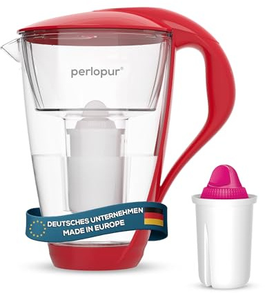 perlopur® Glas-Wasserfilter (rot) +1 Filterkartusche Aquamag | Borosilikatglas, 2 l gesamt, 1 l gefiltert, LED-Anzeige, für classic Kartuschen, Magnesium-Zugabe, ideal für Kaltgetränke