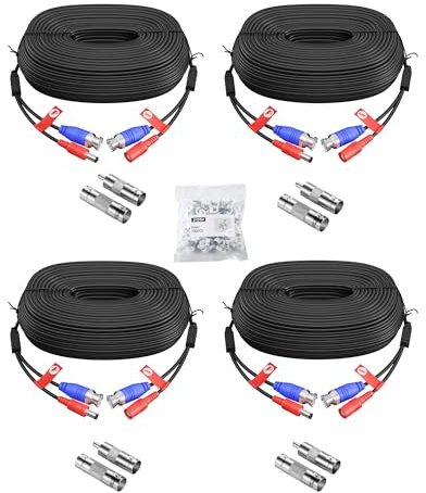 ZOSI Pack de 4 Câble Vidéo BNC Rallonge Extension 30m pour Kit Surveillance | Câble Coaxial pour Camera de Surveillance Analog/CVI/AHD/TVI 1080p