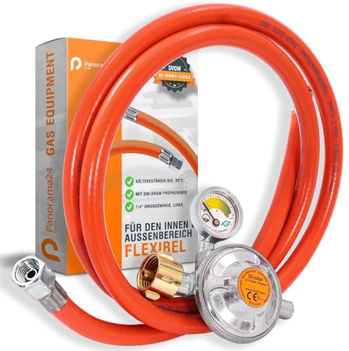 Gasschlauch Set bestehend aus Gasdruckregler 50 mbar mit Manometer und Sicherheitsventil sowie flexiblem Gasschlauch 150 cm - ideal für Gasgrills, Heizstrahler, Hockerkocher, Gaskocher, Lampen, uvm.