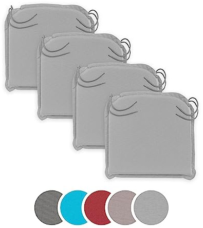 sleepling 197228 Lot de 4 Coussins de Chaise extérieur | Coussin de siège | 100% Microfibre | Fabriqué en UE | Sangles de Fixation | Housse Amovible et Lavable | 44 x 47 x 6 cm, Argent