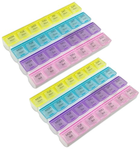 Pillendose für die Woche – 4-mal pro Tag Tablettenplaner (2 Stück) trennt Pillen und Vitamine mit Fächern für den täglichen Gebrauch, Mittags, Abends und Nacht, Reise-Medikamenten-Erinnerung