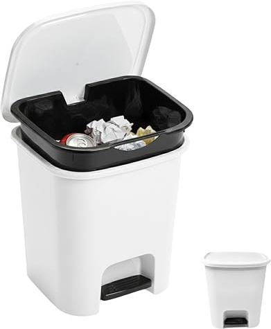 plastific 7.5L Foot Pedal Bin Dustbin Rubbish Paper Waste Kitchen Office Bedroom Bathroom Rubbish Desktop Kitchen Plastic Bins (White With Black Removable Inner Bucket)