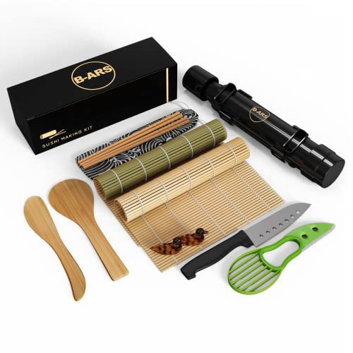 B-ARS Kit Sushi Completo Con Bazooka Esterille In Bambù Coltello Antiaderente Paletta Riso Palettina Palillos Set Utensili Per Fare Sushi A Casa Adatto A Principianti Professionisti.