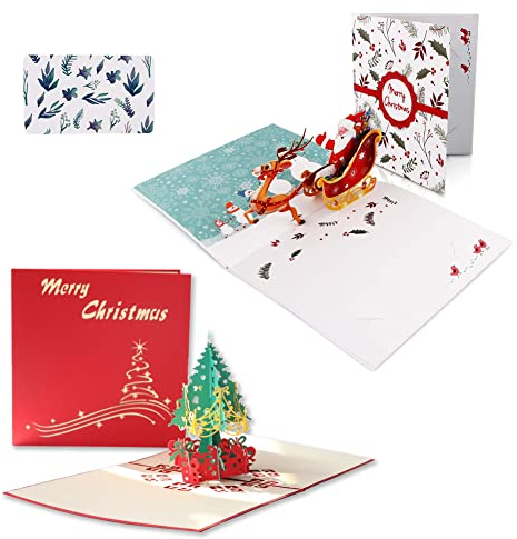 3D Pop Up Weihnachtskarte,Weihnachts Grußkarten,3D Klappkarten,Weihnachtsgrußkarten mit Umschlägen,Santa Claus Elk and Christmas Tree Handmade Gift Card Set,2 Stück