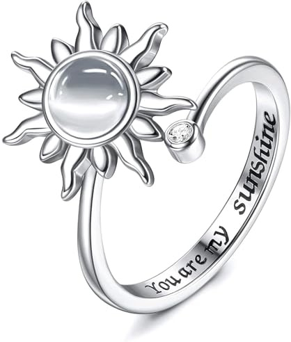 KALVICA Anillo Antiestres de Plata de Ley 925 para Mujer - Abierto Ajustable con Circonita Cúbica, Giratorio de Girasol, Luna Estrella Margarita - Aliviar el Estrés Regalo