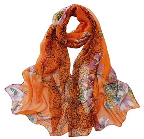 FAIRYGATE Georgette Chiffon Schal Damen Lange Schals Blume Muster Soft Wrap Simulation Seidenschal für Frühling Sommer Herbst Winter