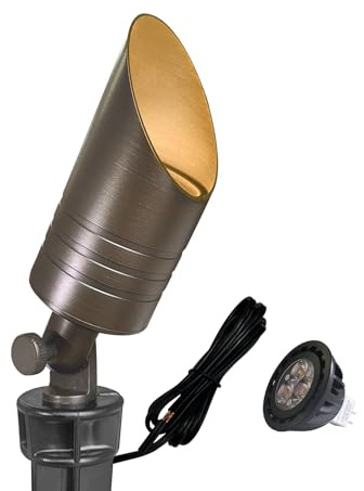 MALORY Brass Landscape Spotlight,12V AC/DC Low Voltage LED Landscape Lighting,Hard Wired Spot Up Light for Garden,Patio and Yard (S05-Bronze, 1-Pack with Bulb)